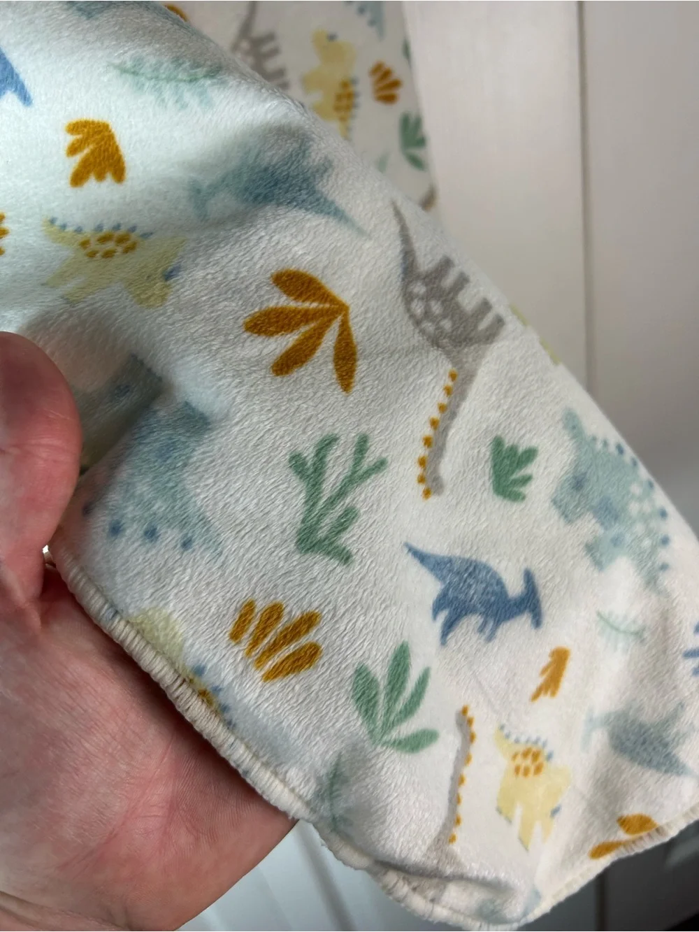 Kyle & Deena Dinosaur Baby Blanket Yellow White Blue Green Orange Sherpa Leaves